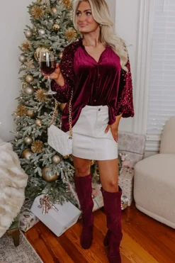 Online Dear-Lover Sequin Patchwork Sleeve Button Up Velvet Top Red Dahlia