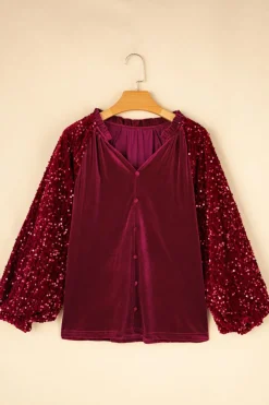 Online Dear-Lover Sequin Patchwork Sleeve Button Up Velvet Top Red Dahlia