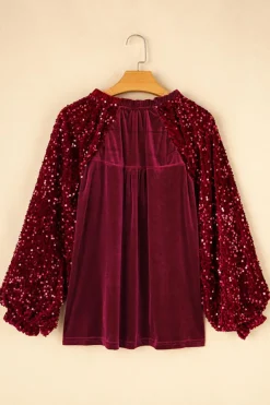 Online Dear-Lover Sequin Patchwork Sleeve Button Up Velvet Top Red Dahlia