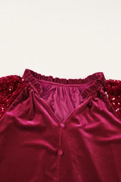 Online Dear-Lover Sequin Patchwork Sleeve Button Up Velvet Top Red Dahlia