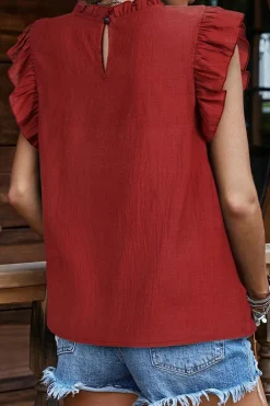 Fashion Dear-Lover Solid Color Pleated Detail Ruffle Short Sleeve Blouse Red Dahlia