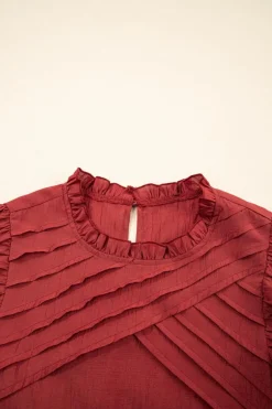 Fashion Dear-Lover Solid Color Pleated Detail Ruffle Short Sleeve Blouse Red Dahlia