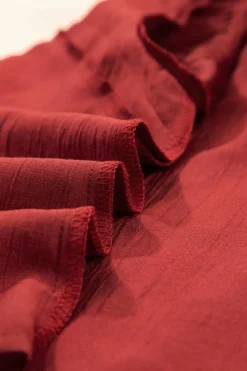 Fashion Dear-Lover Solid Color Pleated Detail Ruffle Short Sleeve Blouse Red Dahlia
