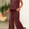 Online Dear-Lover Solid Color Ribbed Ruffle Tank Top and Pants Set Red Dahlia