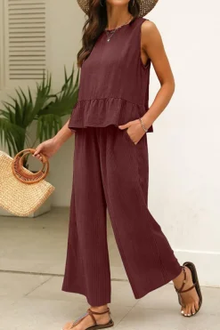 Online Dear-Lover Solid Color Ribbed Ruffle Tank Top and Pants Set Red Dahlia