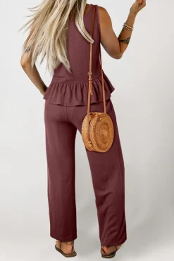 Online Dear-Lover Solid Color Ribbed Ruffle Tank Top and Pants Set Red Dahlia