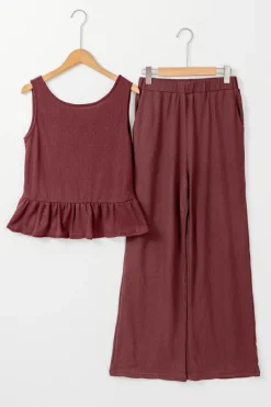 Online Dear-Lover Solid Color Ribbed Ruffle Tank Top and Pants Set Red Dahlia