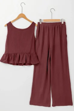 Online Dear-Lover Solid Color Ribbed Ruffle Tank Top and Pants Set Red Dahlia