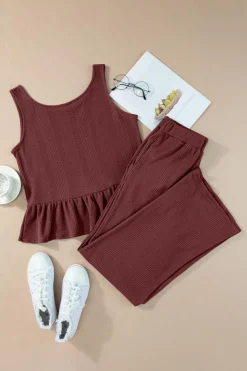Online Dear-Lover Solid Color Ribbed Ruffle Tank Top and Pants Set Red Dahlia