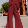 Online Dear-Lover Textured Loose Fit T Shirt and Drawstring Pants Set Red Dahlia