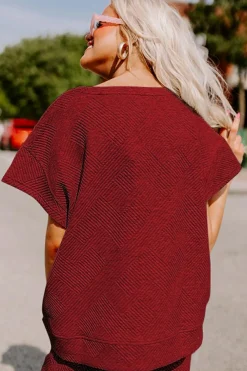 Online Dear-Lover Textured Loose Fit T Shirt and Drawstring Pants Set Red Dahlia