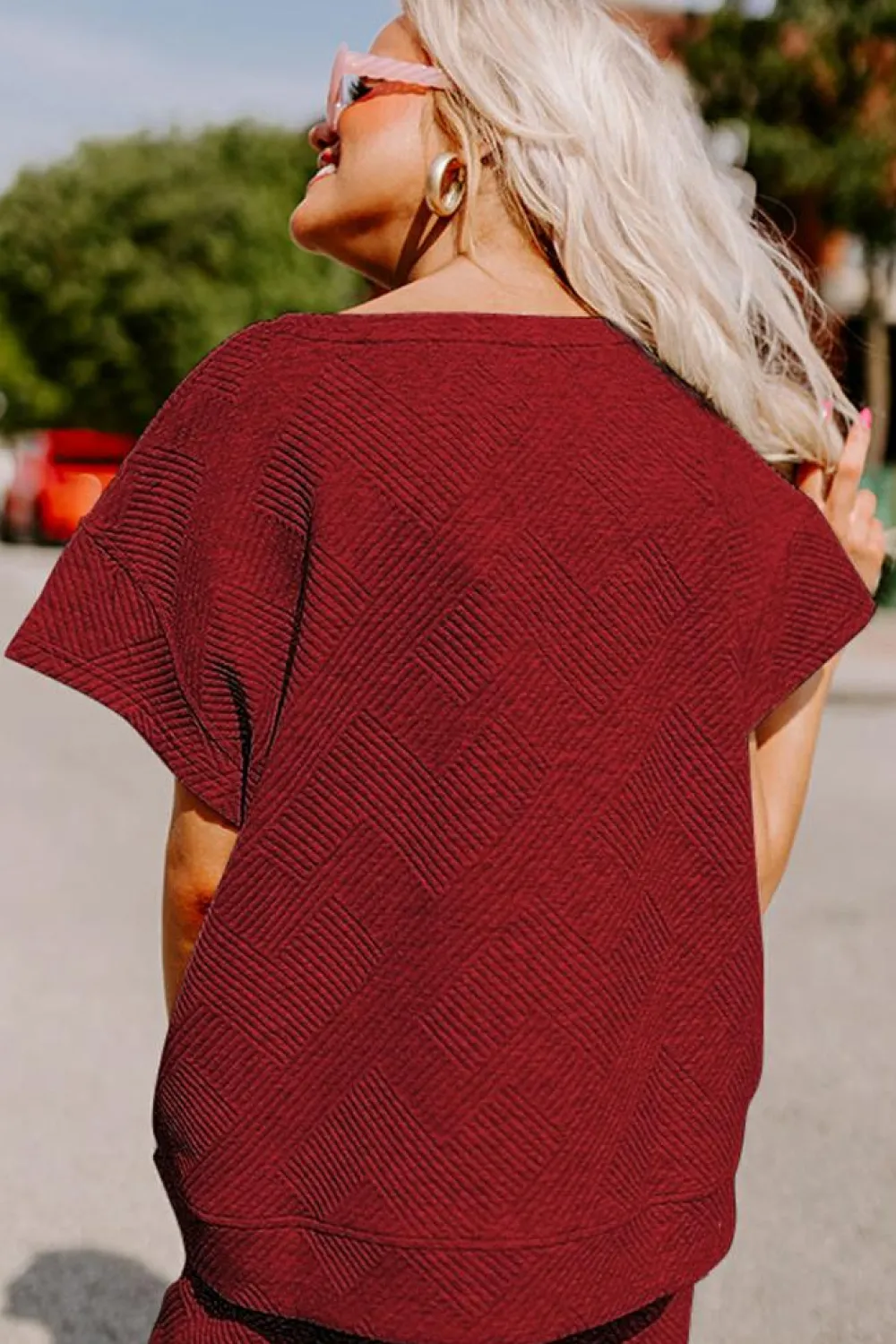 Online Dear-Lover Textured Loose Fit T Shirt and Drawstring Pants Set Red Dahlia