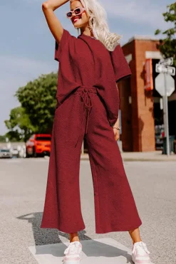 Online Dear-Lover Textured Loose Fit T Shirt and Drawstring Pants Set Red Dahlia