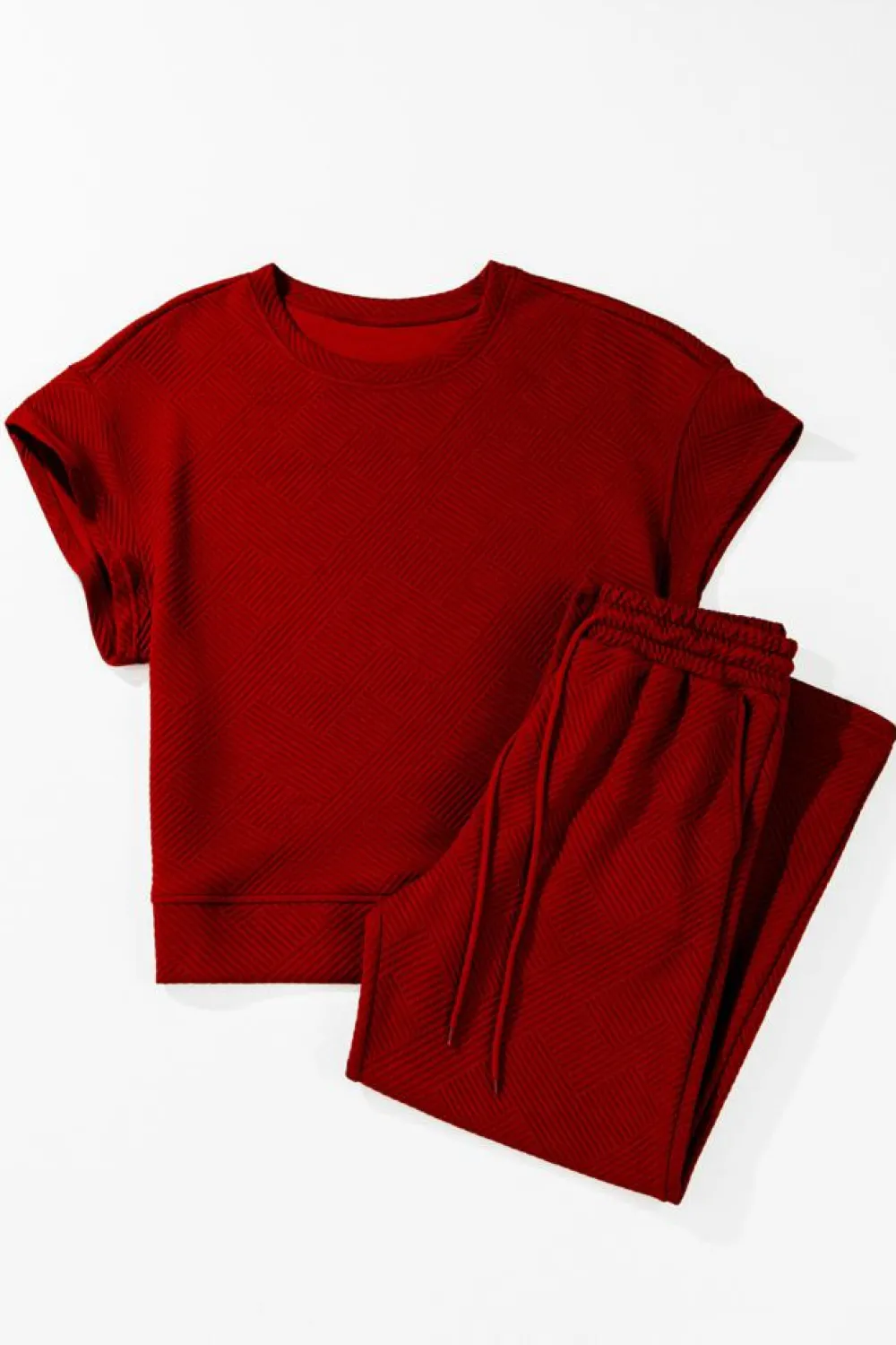 Online Dear-Lover Textured Loose Fit T Shirt and Drawstring Pants Set Red Dahlia
