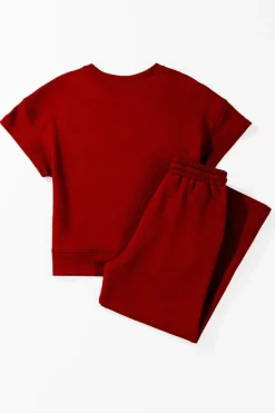 Online Dear-Lover Textured Loose Fit T Shirt and Drawstring Pants Set Red Dahlia