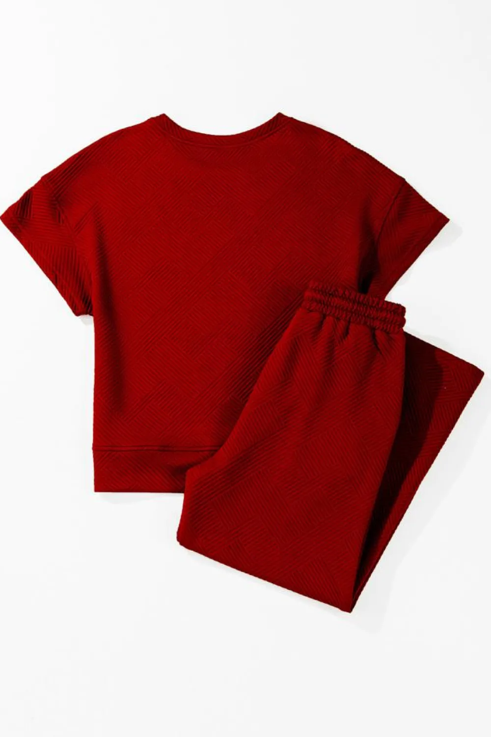 Online Dear-Lover Textured Loose Fit T Shirt and Drawstring Pants Set Red Dahlia