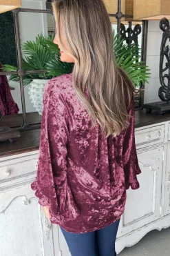 New Dear-Lover Velvet Pagoda Sleeve Crew Neck Top Red Dahlia