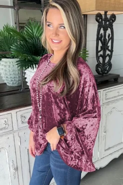 New Dear-Lover Velvet Pagoda Sleeve Crew Neck Top Red Dahlia