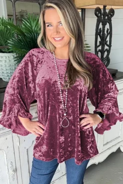New Dear-Lover Velvet Pagoda Sleeve Crew Neck Top Red Dahlia