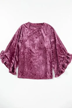 New Dear-Lover Velvet Pagoda Sleeve Crew Neck Top Red Dahlia