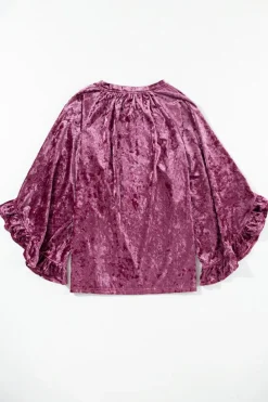 New Dear-Lover Velvet Pagoda Sleeve Crew Neck Top Red Dahlia