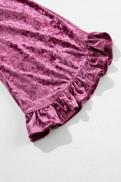New Dear-Lover Velvet Pagoda Sleeve Crew Neck Top Red Dahlia