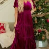 Discount Dear-Lover Velvet Short Sleeve Shirred Waist Tiered Maxi Dress Red Dahlia