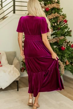 Discount Dear-Lover Velvet Short Sleeve Shirred Waist Tiered Maxi Dress Red Dahlia