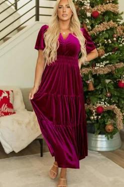 Discount Dear-Lover Velvet Short Sleeve Shirred Waist Tiered Maxi Dress Red Dahlia