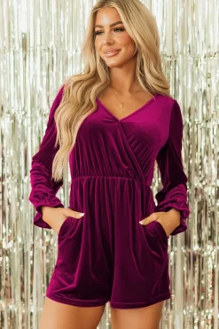 Hot Dear-Lover Velvet Surplice Neck Ruffled Sleeve High Waist Romper Red Dahlia
