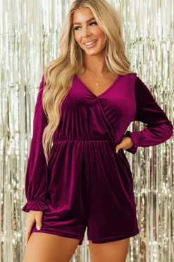 Hot Dear-Lover Velvet Surplice Neck Ruffled Sleeve High Waist Romper Red Dahlia