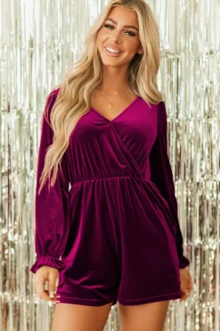 Hot Dear-Lover Velvet Surplice Neck Ruffled Sleeve High Waist Romper Red Dahlia