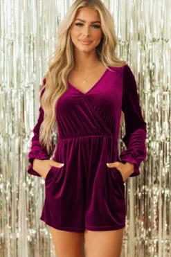 Hot Dear-Lover Velvet Surplice Neck Ruffled Sleeve High Waist Romper Red Dahlia