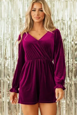 Hot Dear-Lover Velvet Surplice Neck Ruffled Sleeve High Waist Romper Red Dahlia