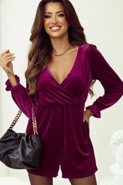 Hot Dear-Lover Velvet Surplice Neck Ruffled Sleeve High Waist Romper Red Dahlia