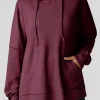 Sale Dear-Lover Waffle Knit Fleece Lined High Low Oversized Hoodie Red Dahlia