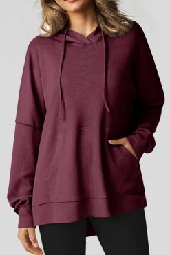 Sale Dear-Lover Waffle Knit Fleece Lined High Low Oversized Hoodie Red Dahlia