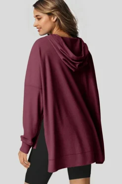 Sale Dear-Lover Waffle Knit Fleece Lined High Low Oversized Hoodie Red Dahlia
