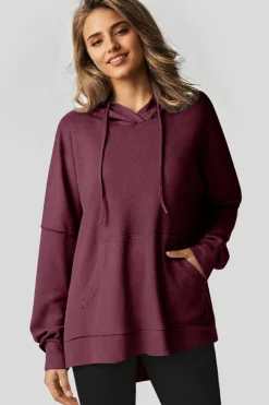 Sale Dear-Lover Waffle Knit Fleece Lined High Low Oversized Hoodie Red Dahlia