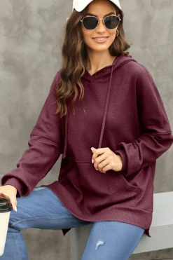 Sale Dear-Lover Waffle Knit Fleece Lined High Low Oversized Hoodie Red Dahlia