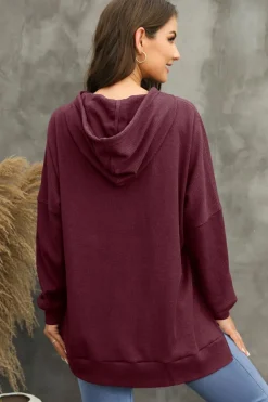 Sale Dear-Lover Waffle Knit Fleece Lined High Low Oversized Hoodie Red Dahlia