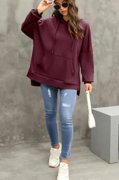 Sale Dear-Lover Waffle Knit Fleece Lined High Low Oversized Hoodie Red Dahlia