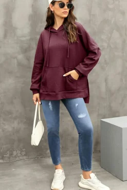 Sale Dear-Lover Waffle Knit Fleece Lined High Low Oversized Hoodie Red Dahlia