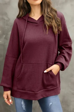 Sale Dear-Lover Waffle Knit Fleece Lined High Low Oversized Hoodie Red Dahlia
