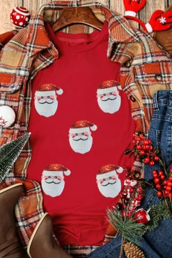 Best Dear-Lover Red Faux Sequin Christmas Claus Pattern Crewneck T Shirt Red-2