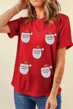 Best Dear-Lover Red Faux Sequin Christmas Claus Pattern Crewneck T Shirt Red-2