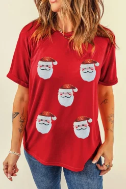 Best Dear-Lover Red Faux Sequin Christmas Claus Pattern Crewneck T Shirt Red-2