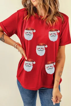 Best Dear-Lover Red Faux Sequin Christmas Claus Pattern Crewneck T Shirt Red-2
