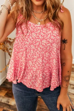 Clearance Dear-Lover Floral Adjustable Straps Babydoll Tank Top Red