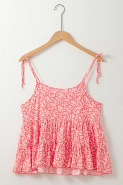 Clearance Dear-Lover Floral Adjustable Straps Babydoll Tank Top Red